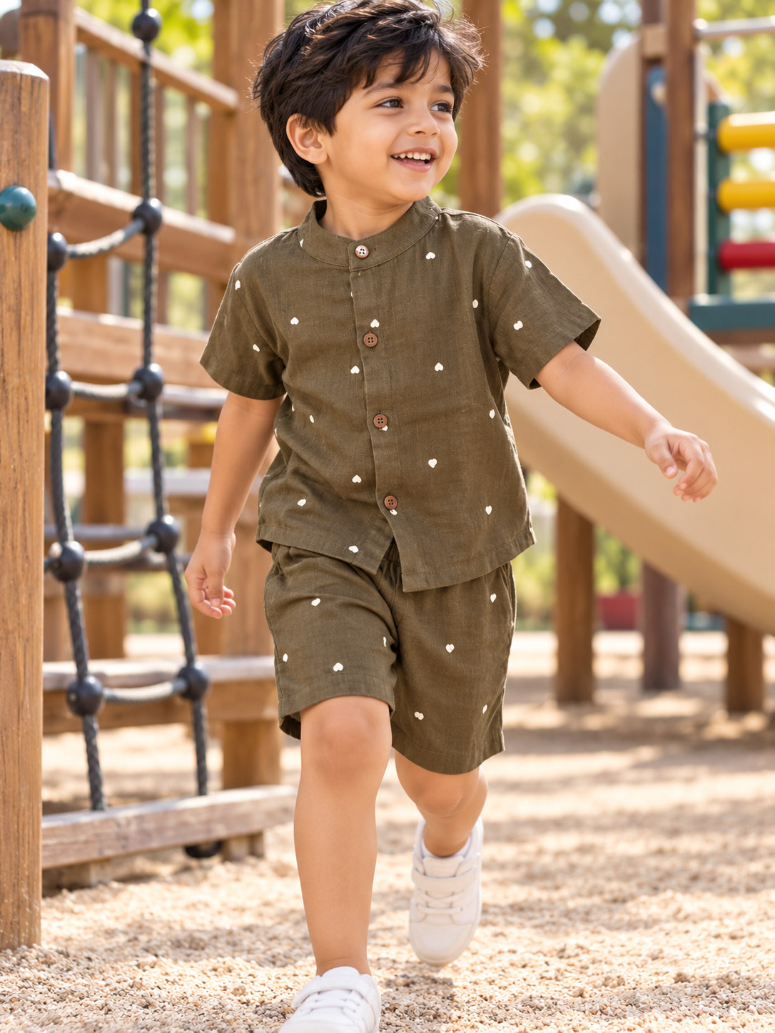Olive Green Heart Print Boys Co-ord Set