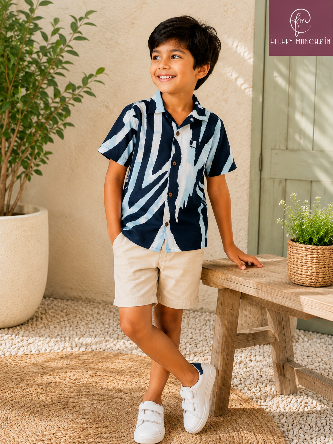 Boys Cotton Linen Abstract Print Shirt – Navy Blue