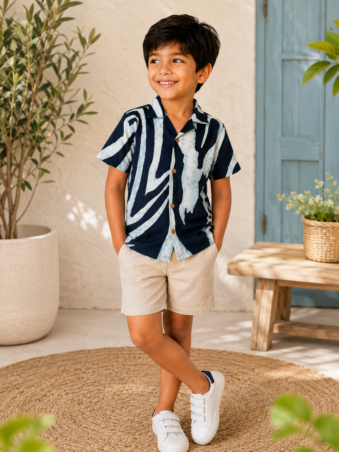 Boys Cotton Linen Abstract Print Shirt – Navy Blue