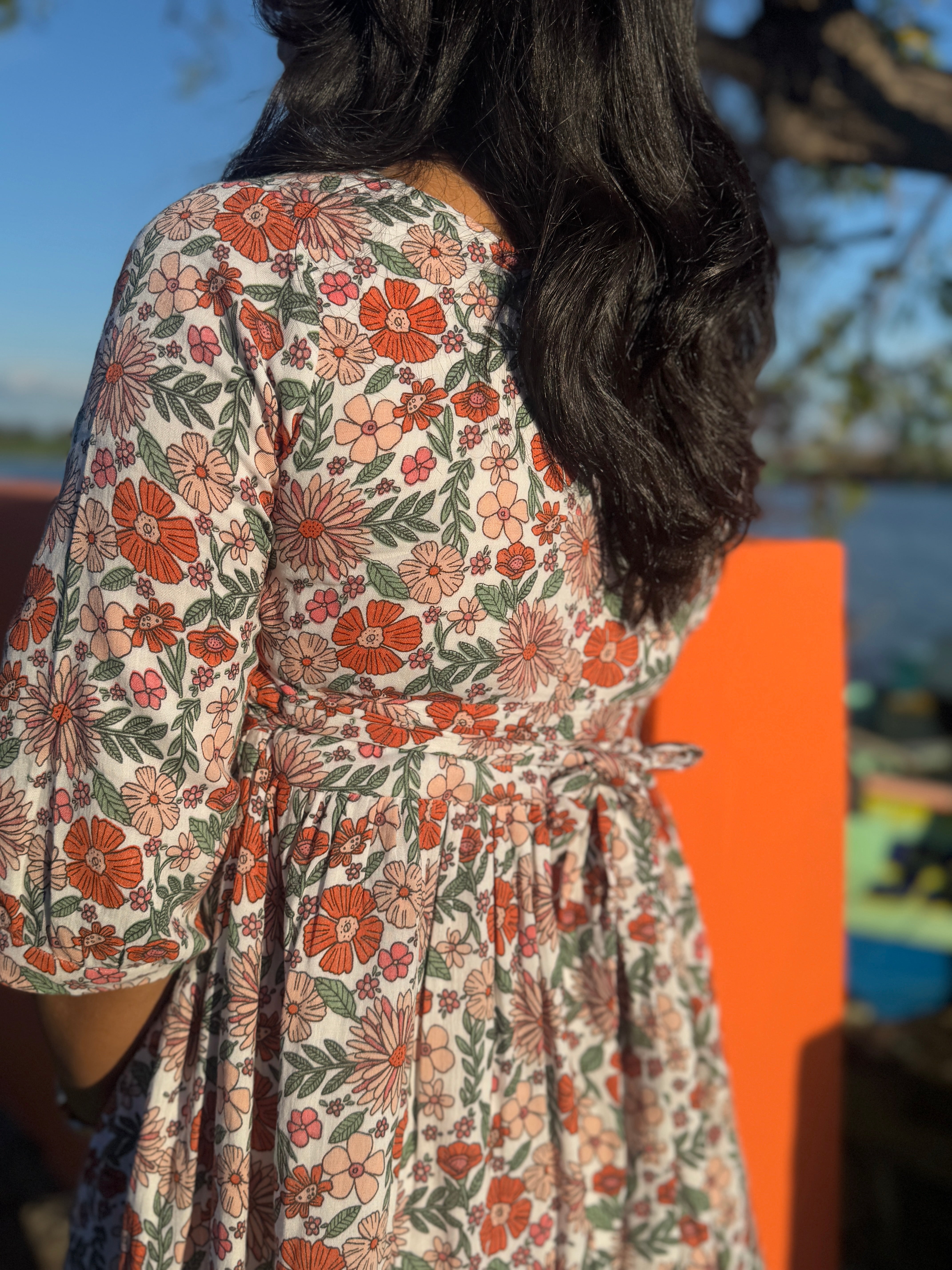 Floral Muslin Dress with Back Knot & Invisible Zip