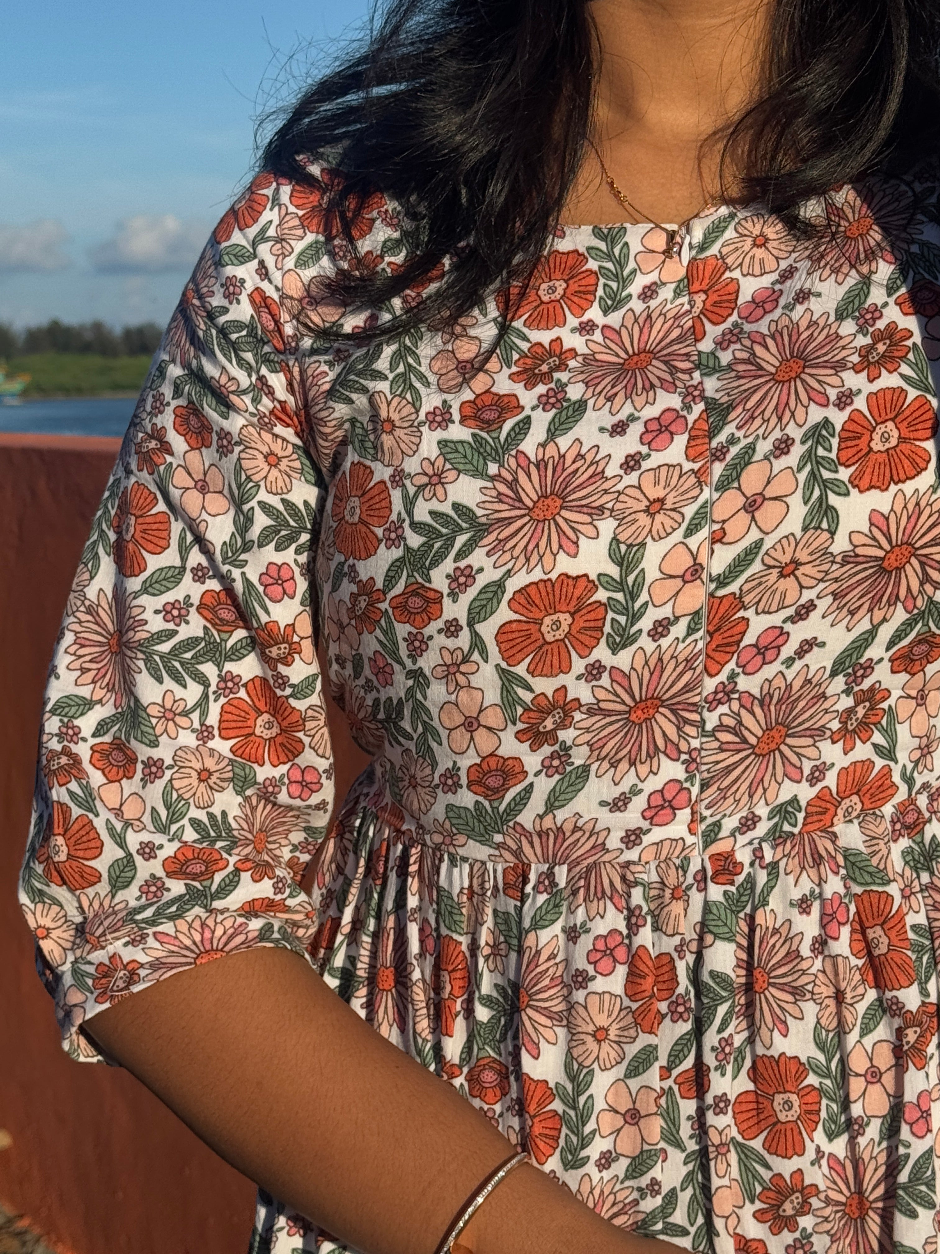 Floral Muslin Dress with Back Knot & Invisible Zip