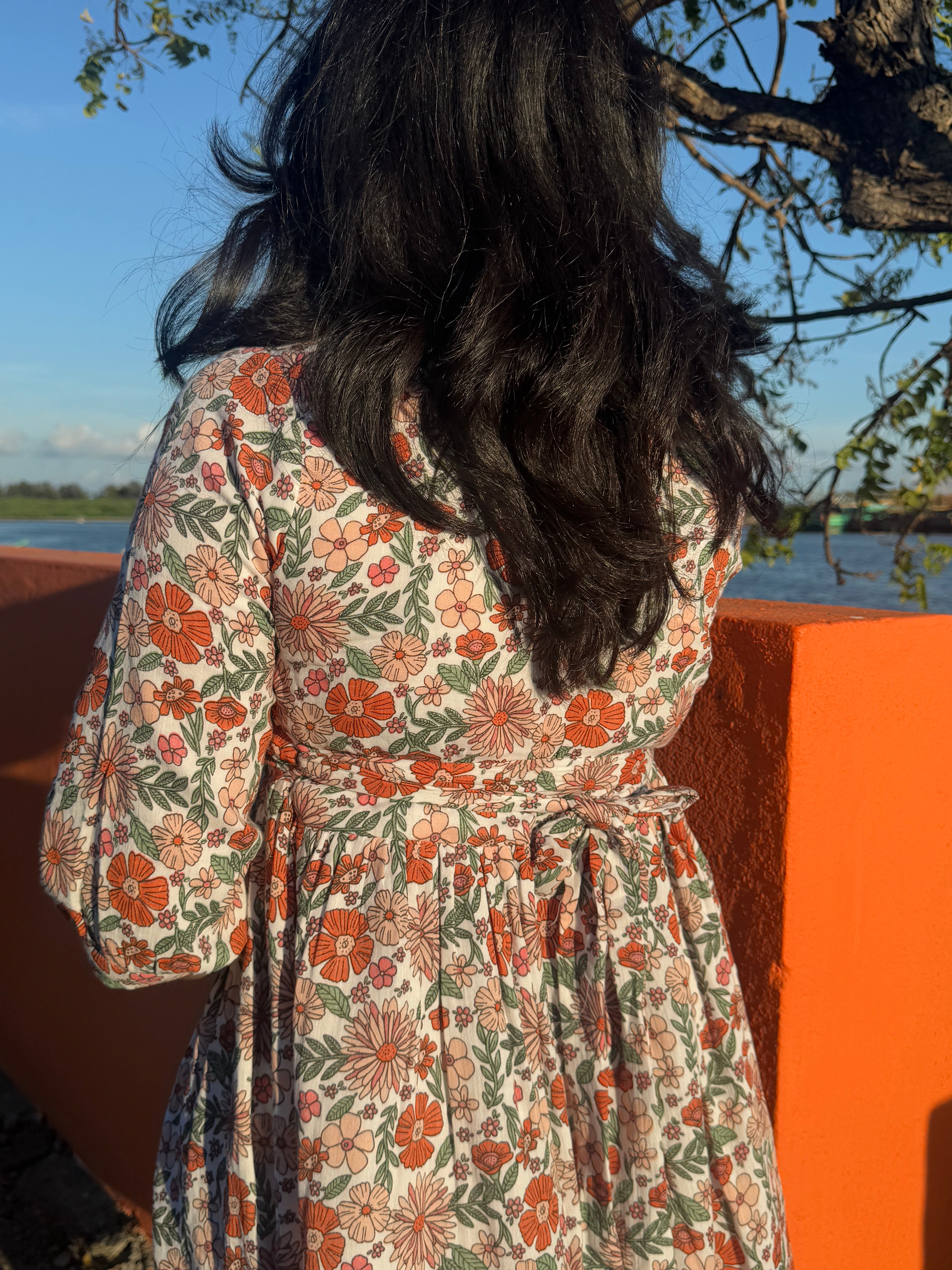 Floral Muslin Dress with Back Knot & Invisible Zip