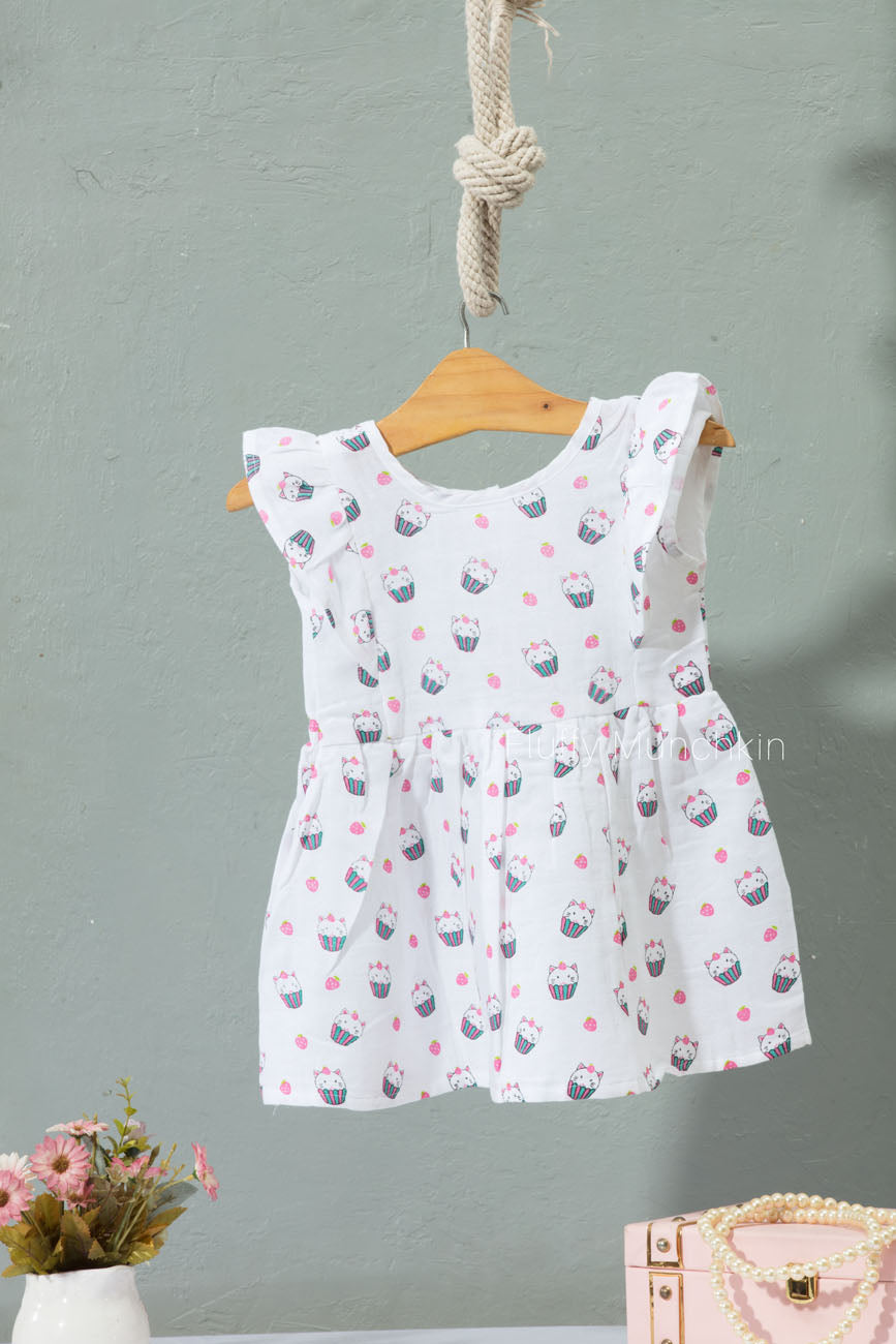 Back button frill frock - strawberry kitty