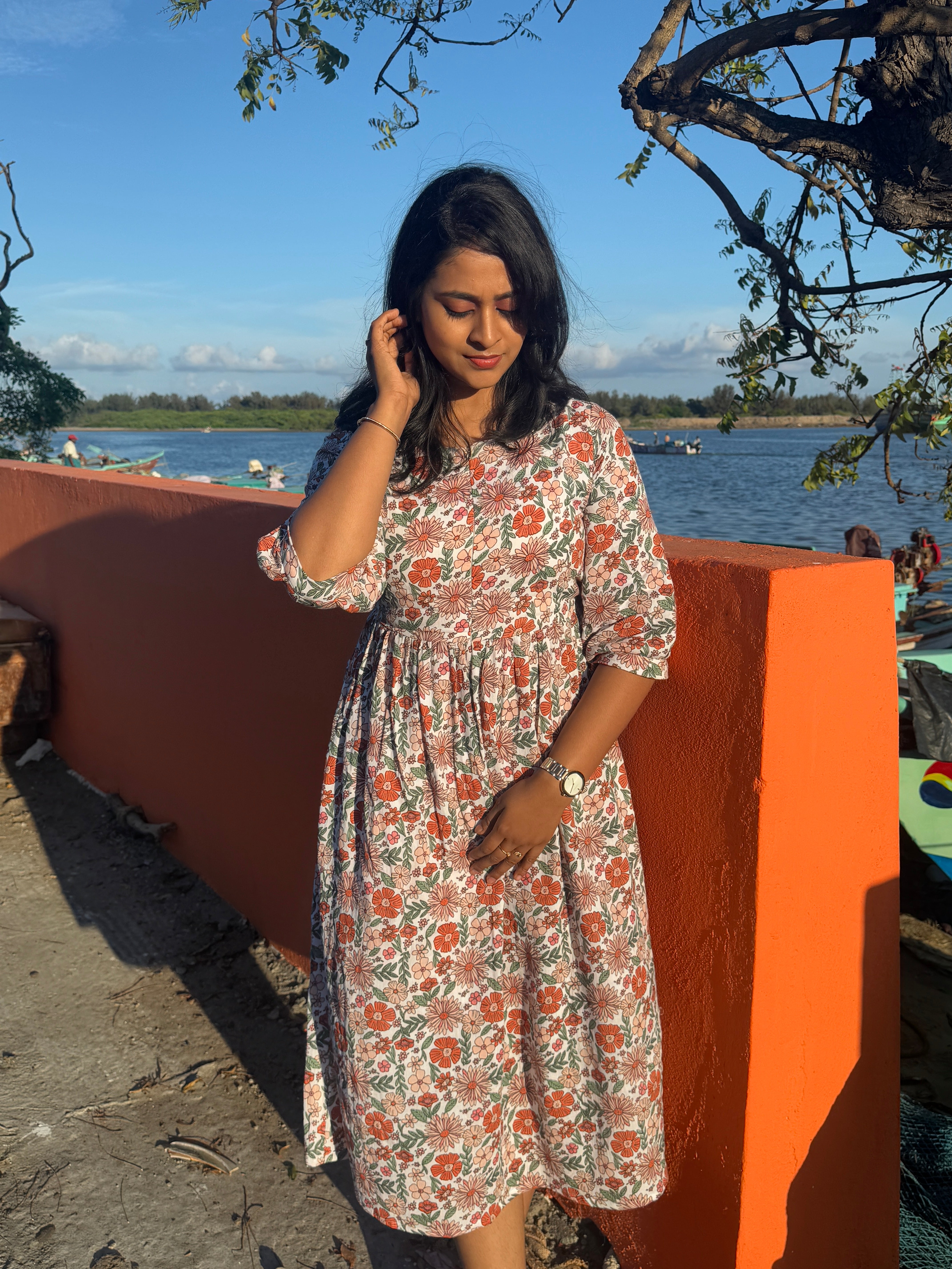 Floral Muslin Dress with Back Knot & Invisible Zip