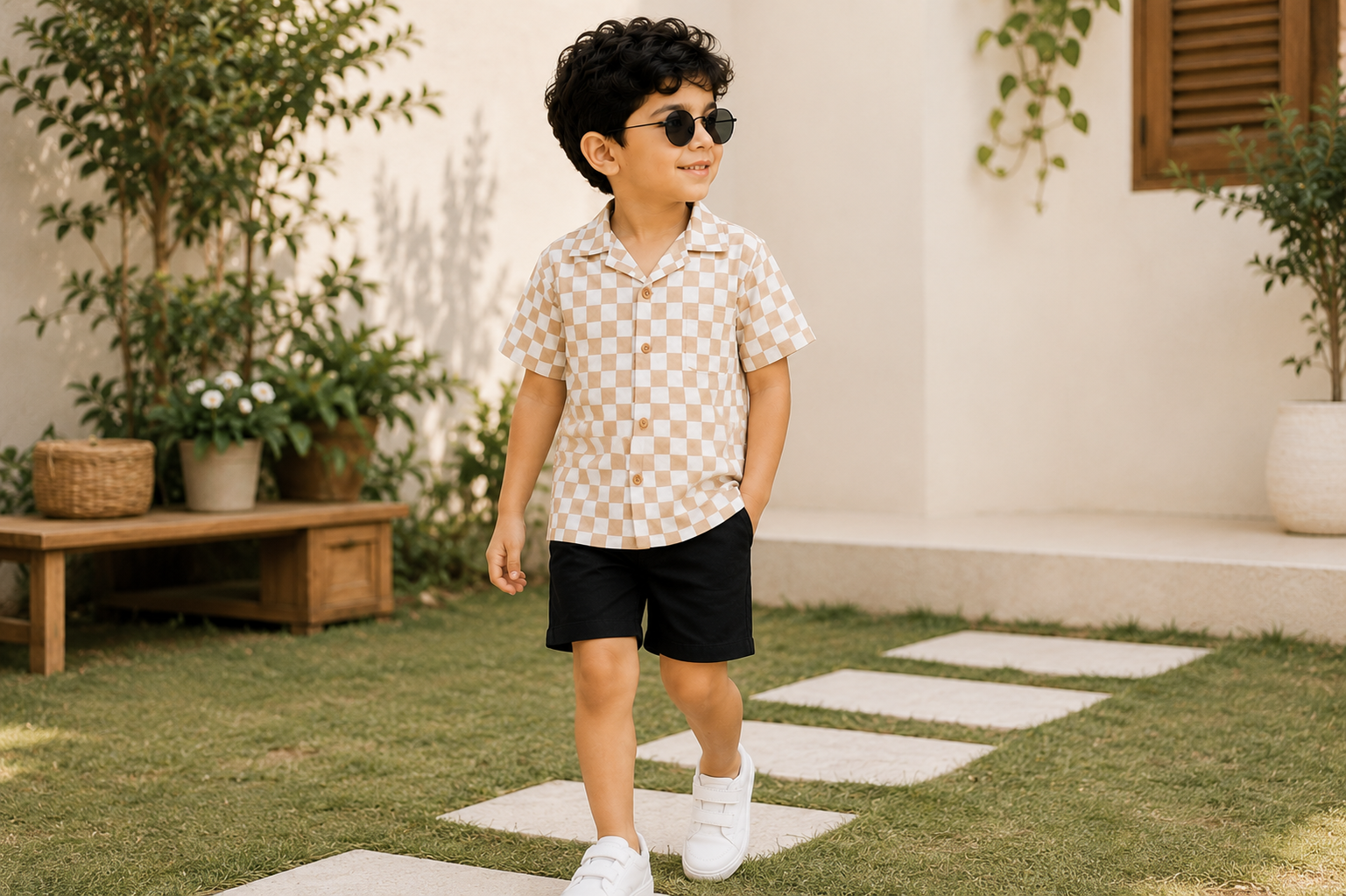 Beige Checkerboard Boys Co-ord Set