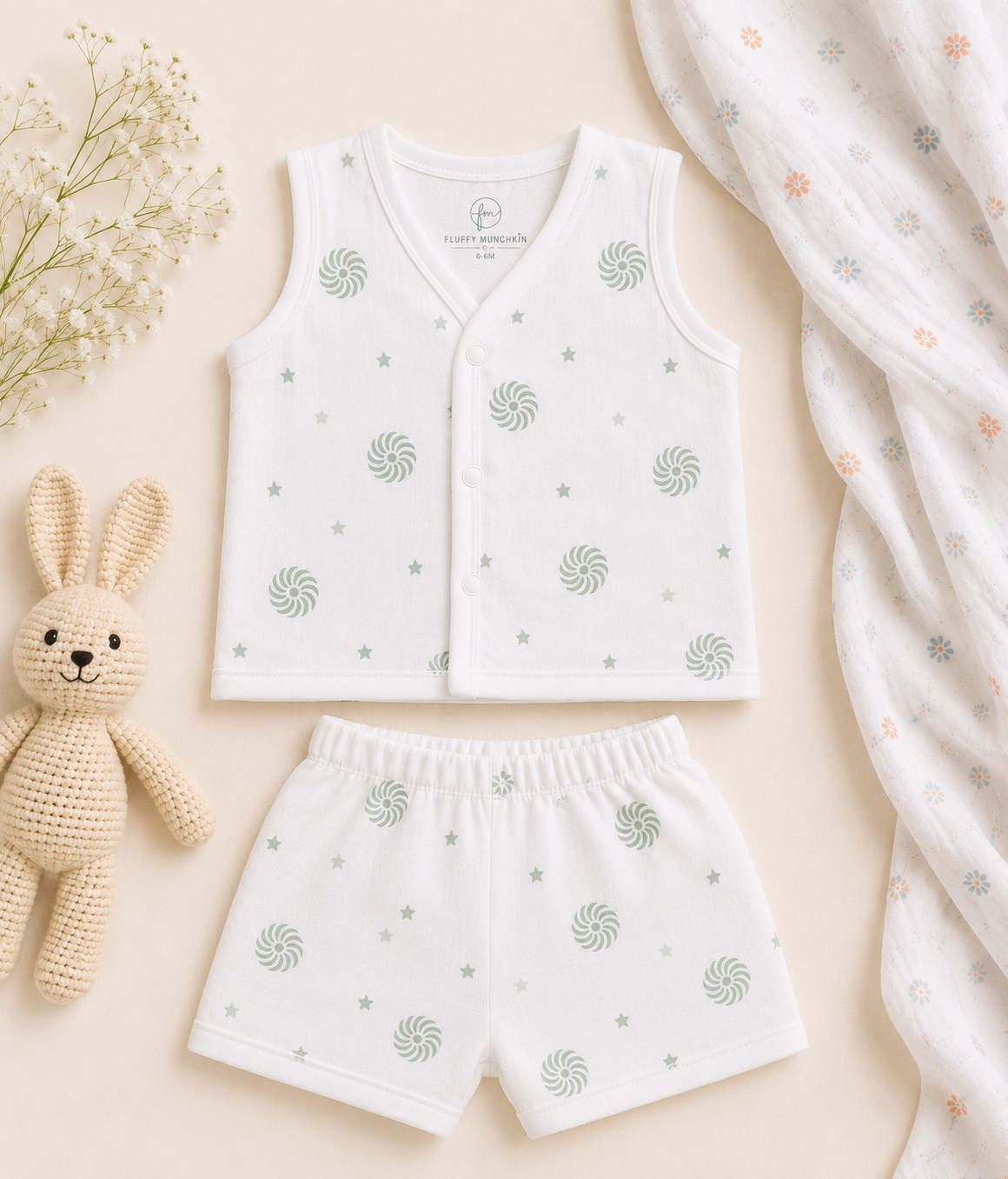 Mint Swirl Muslin Jabla & Shorts Set