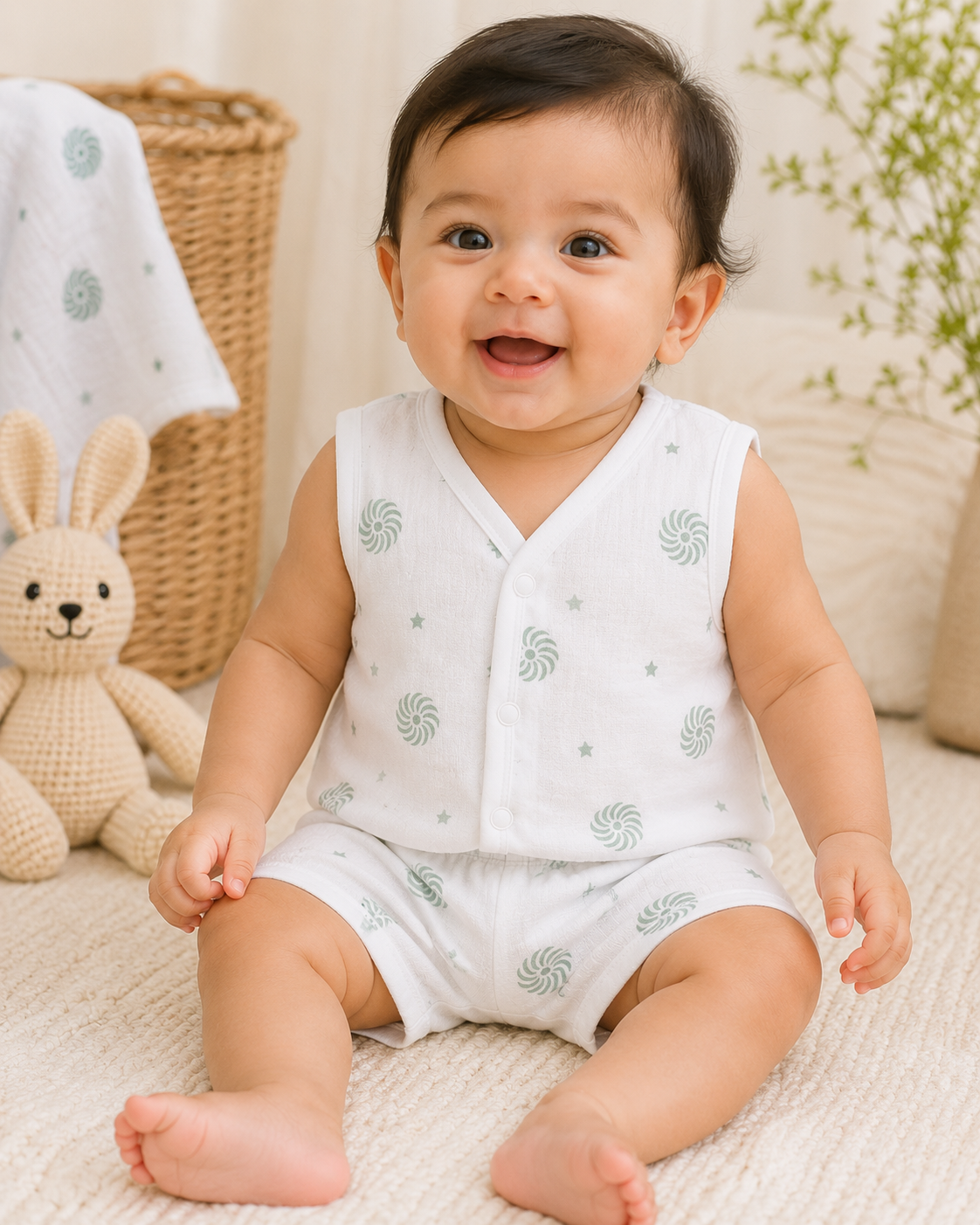 Mint Swirl Muslin Jabla & Shorts Set