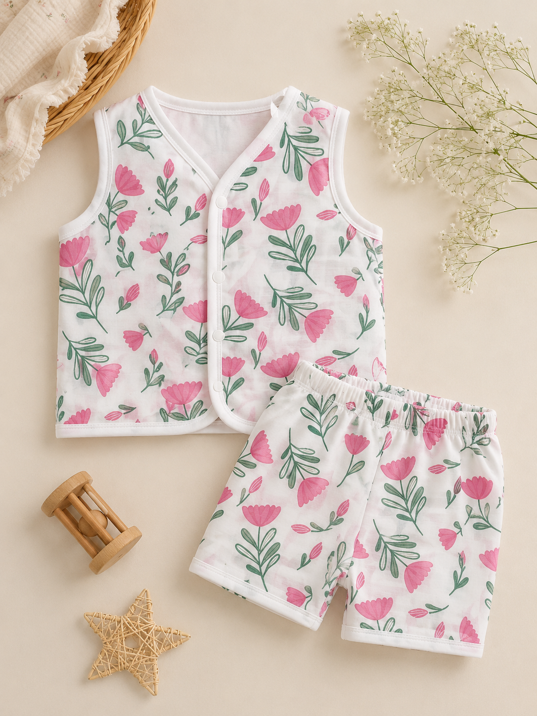 Blush Bloom Muslin Jabla & Shorts Set