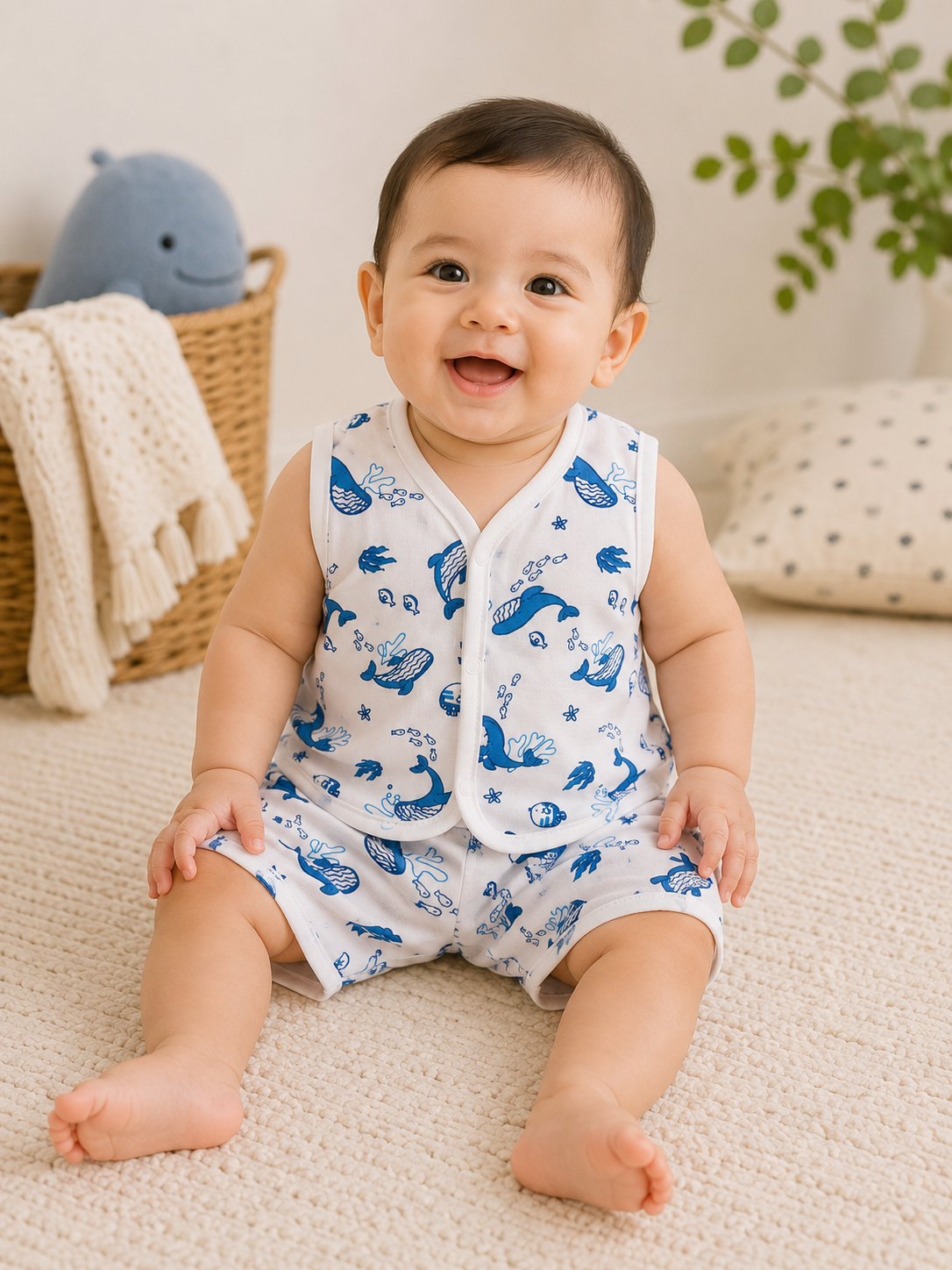 Ocean Whales Muslin Jabla & Shorts Set