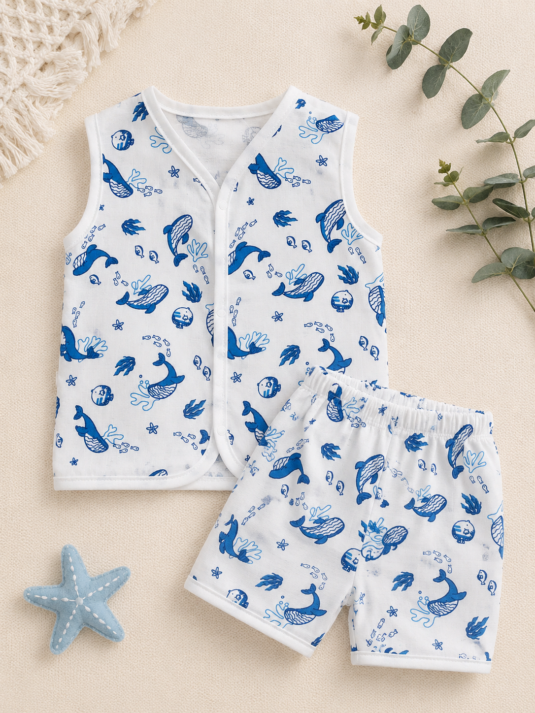 Ocean Whales Muslin Jabla & Shorts Set