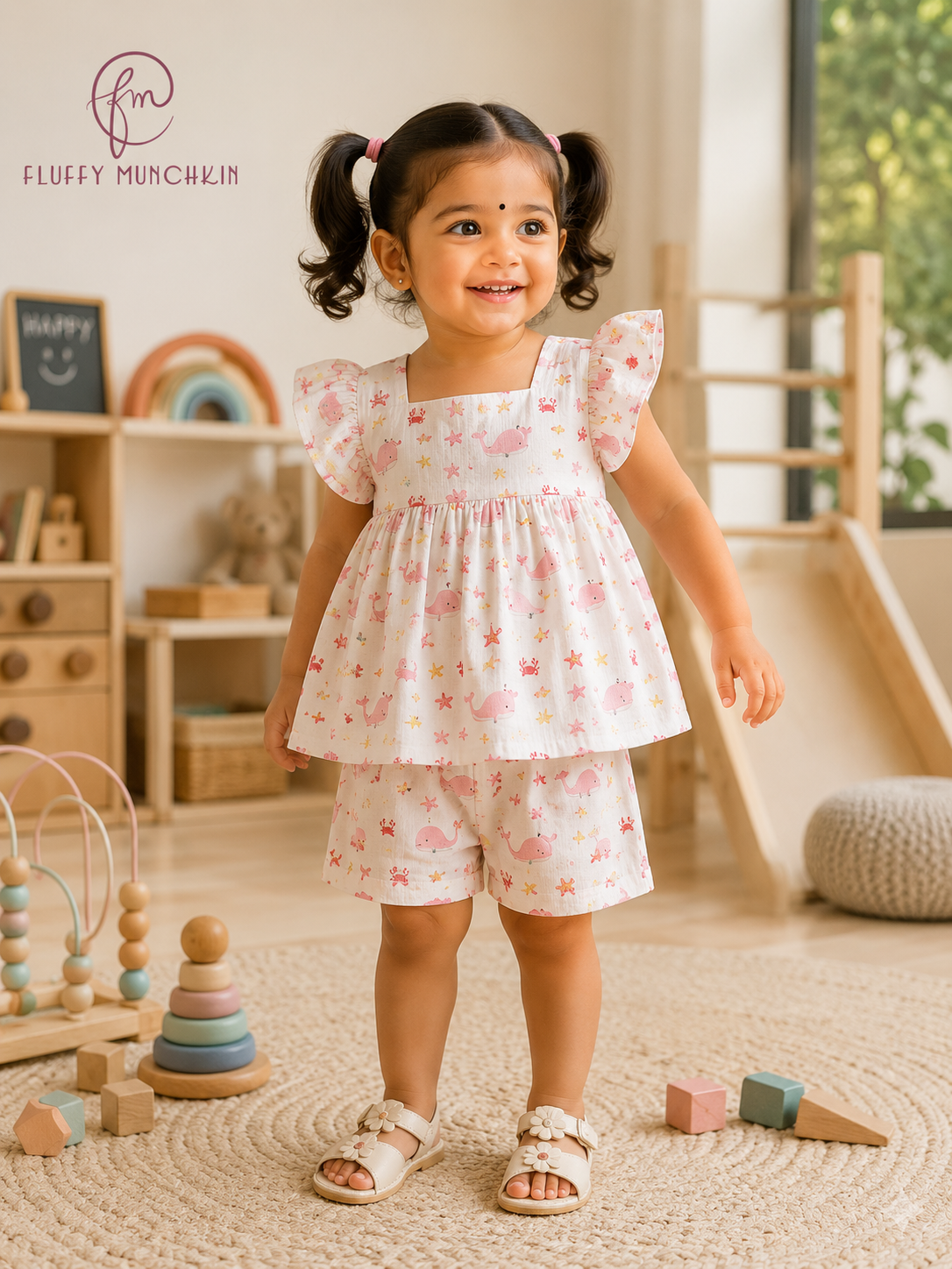 Whale Print Muslin Cotton Co-ord Set for Girls