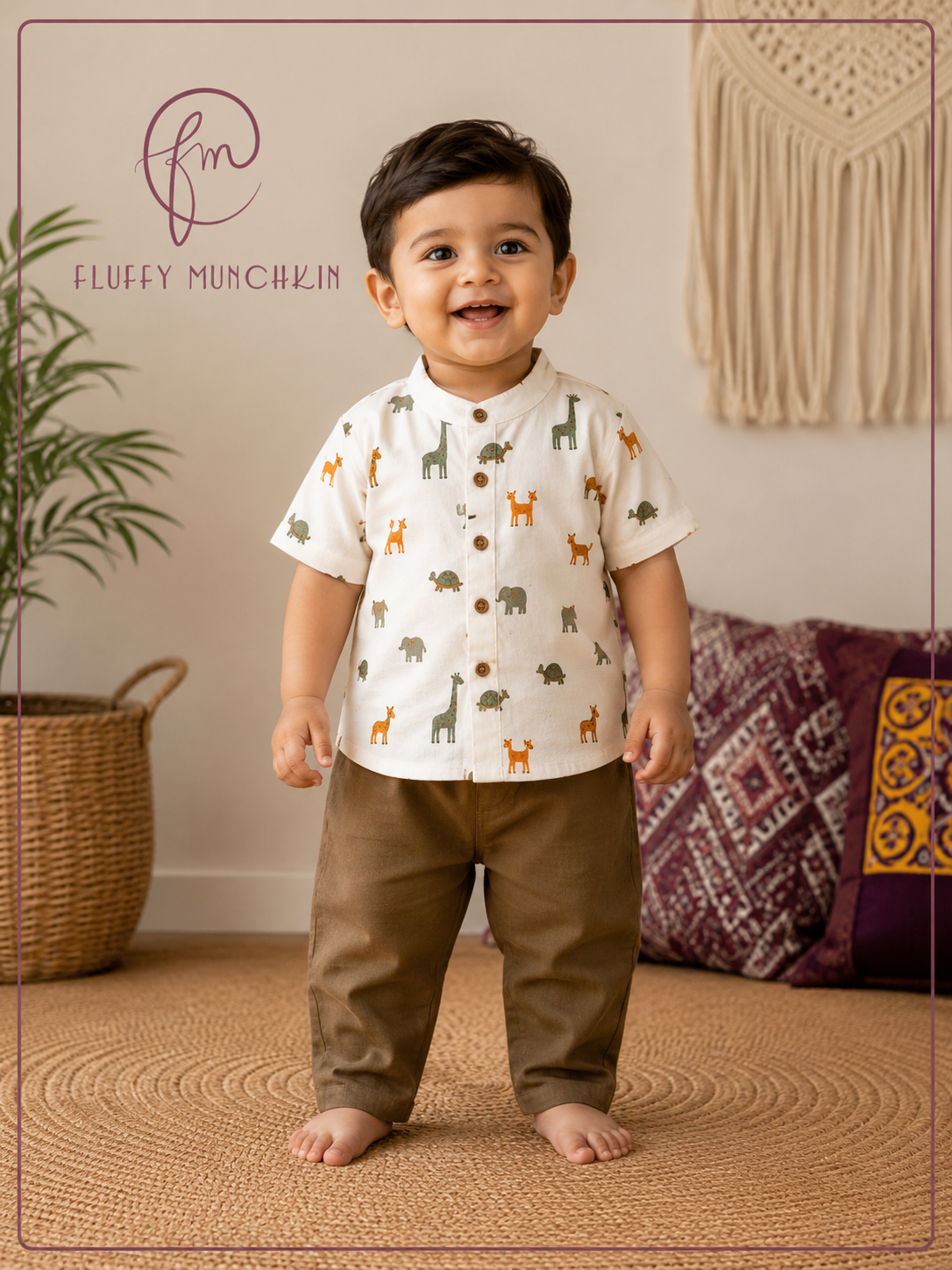 Little Explorer Outfit – Safari Print Cotton Shirt & Olive Pants