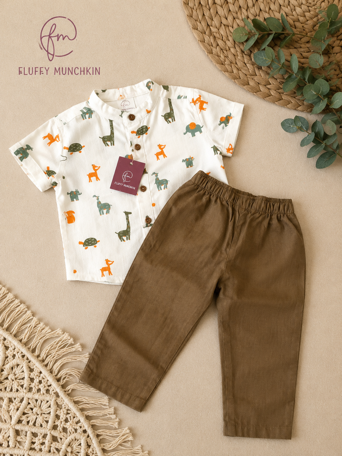 Little Explorer Outfit – Safari Print Cotton Shirt & Olive Pants
