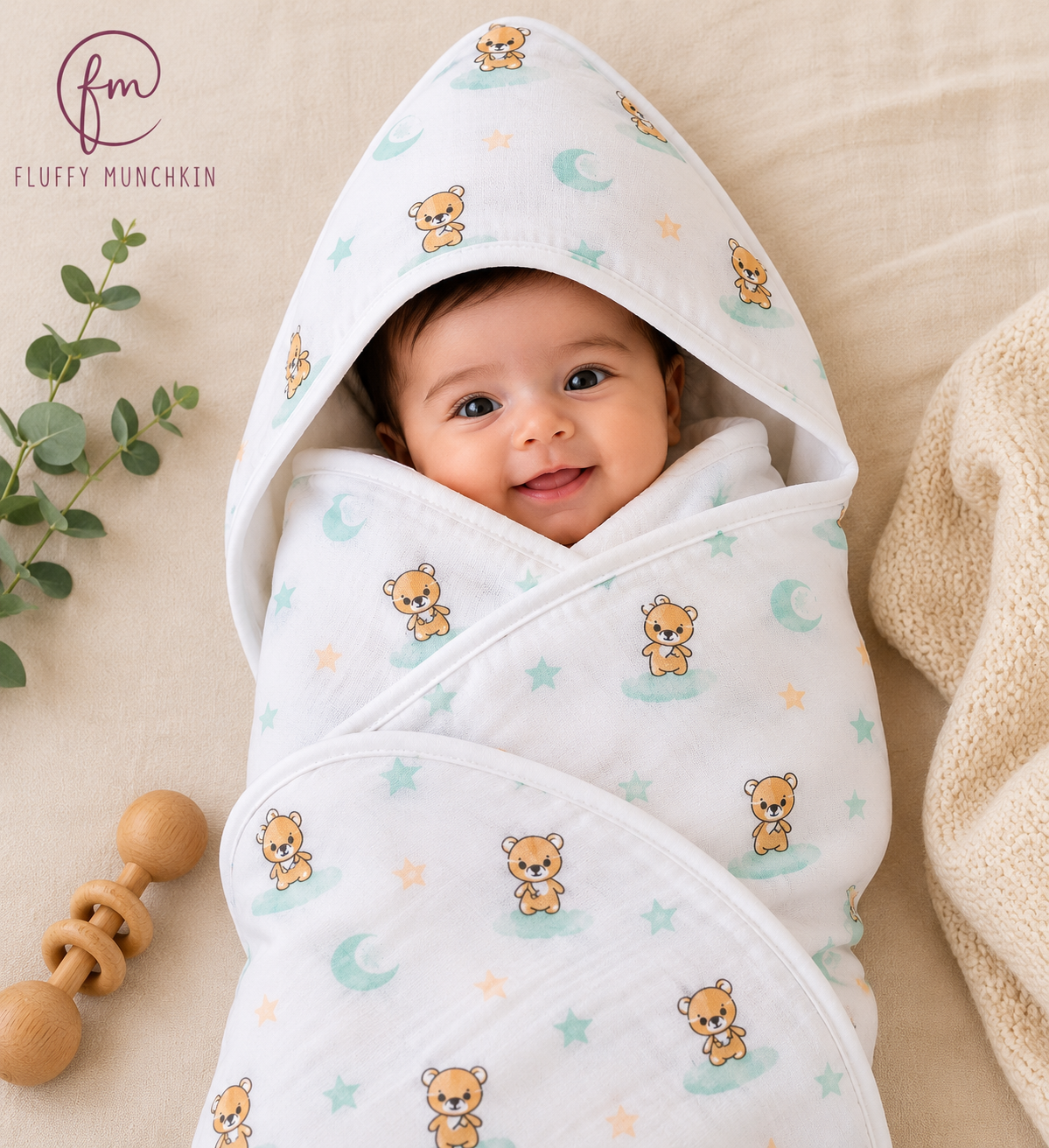 Dreamy Teddy Hooded Baby Blanket – Premium Muslin Cotton ( 80x80cm)