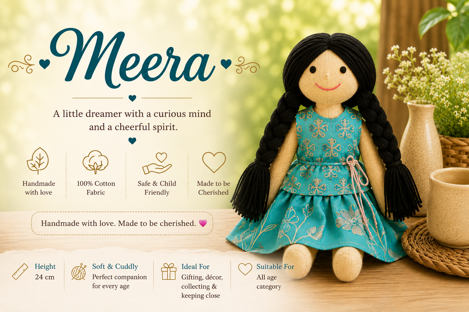 Meera – Handmade Cotton Rag Doll (24 cm)