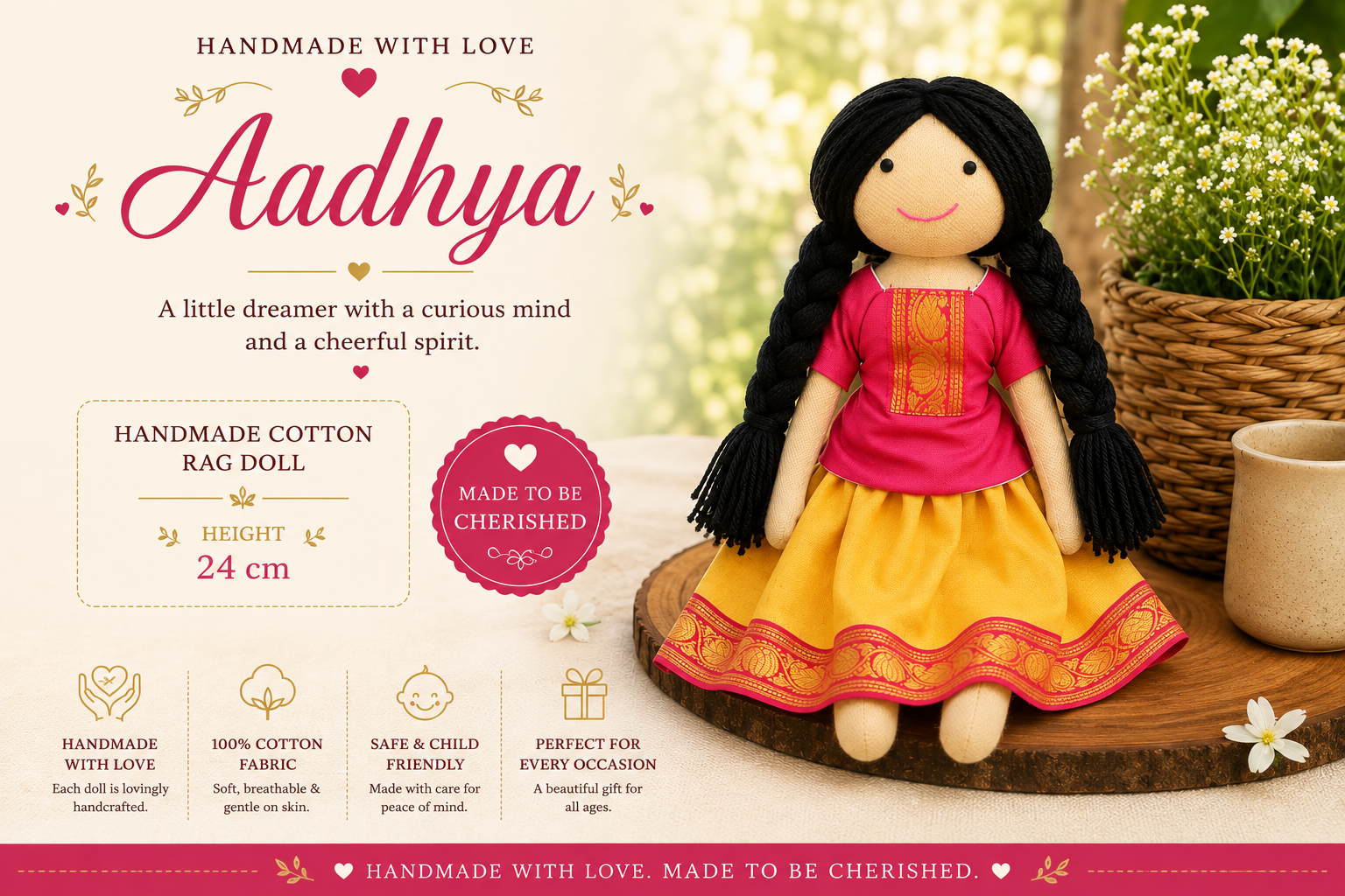 Aadhya – Handmade Cotton Rag Doll (24 cm)