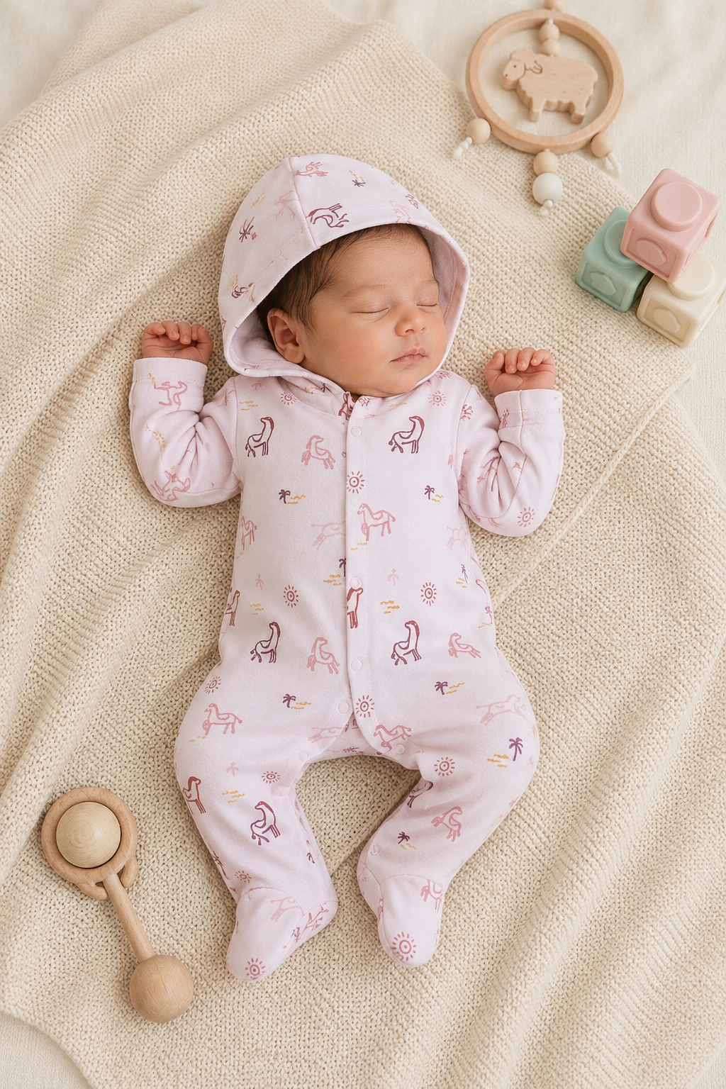 Blush Pink Printed Hooded Jumpsuit – 0–3 Months