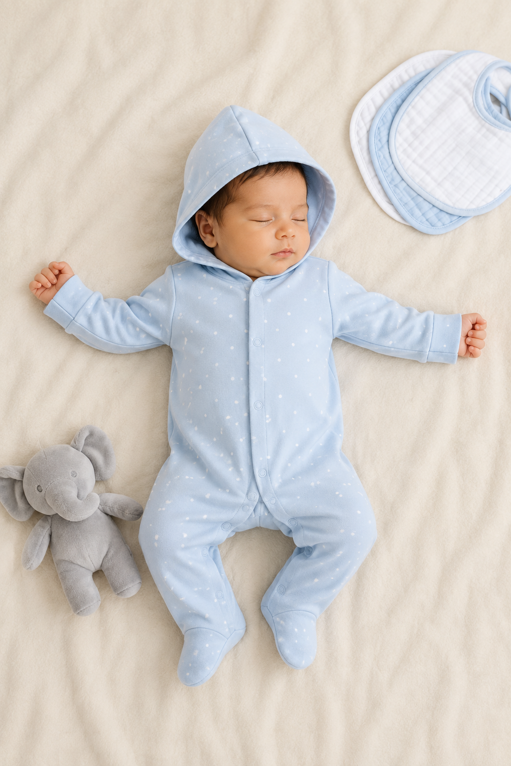 Sky Blue Polka Dot Hooded Jumpsuit – 0–3 Months