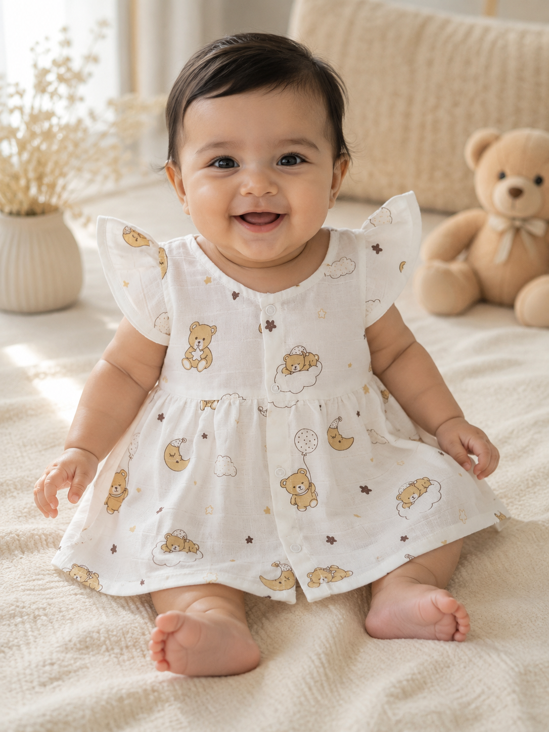 Dreamy Bear Flutter Sleeve Muslin Frock
