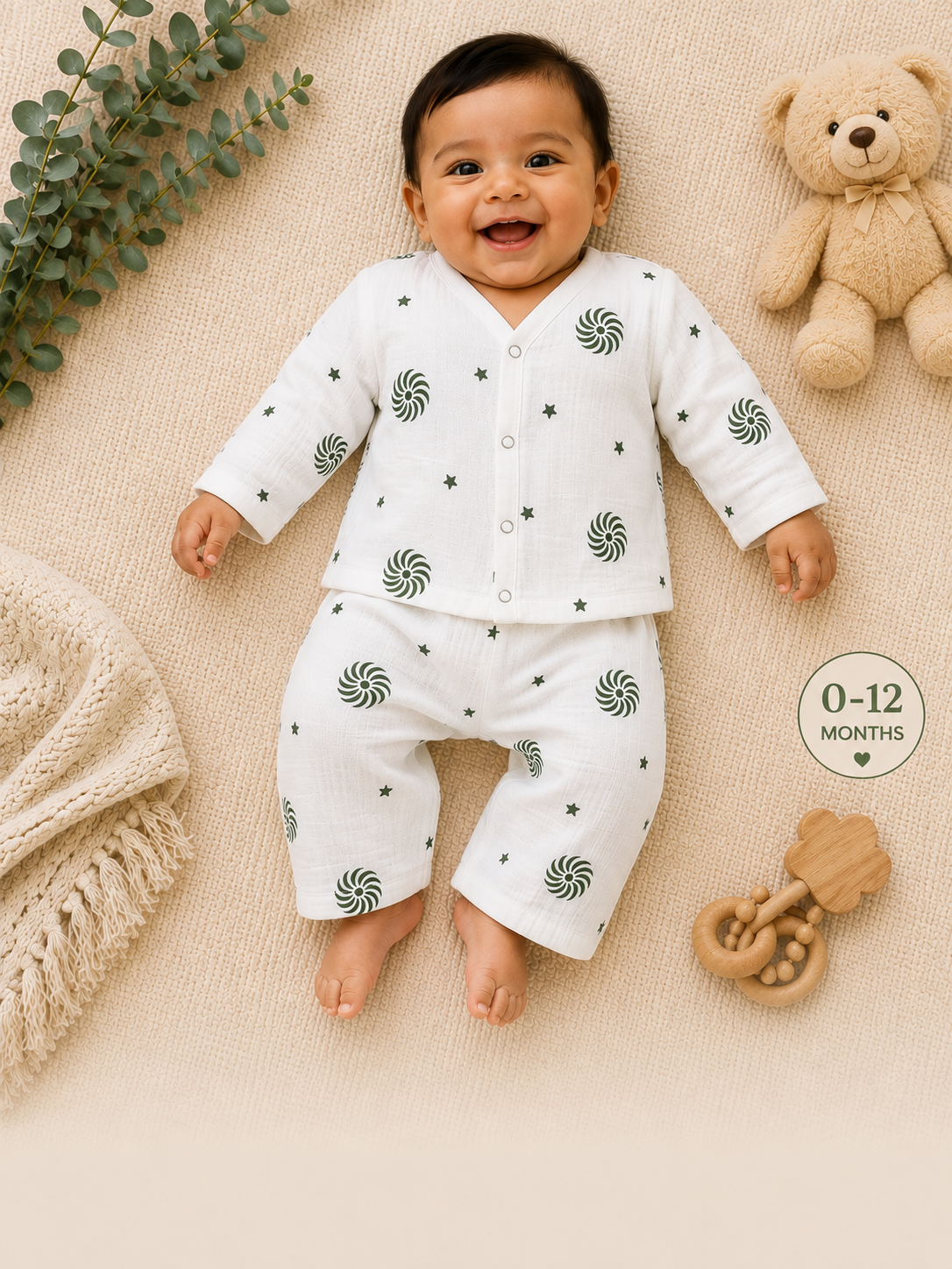 Green Swirl Star Baby Muslin pant Set