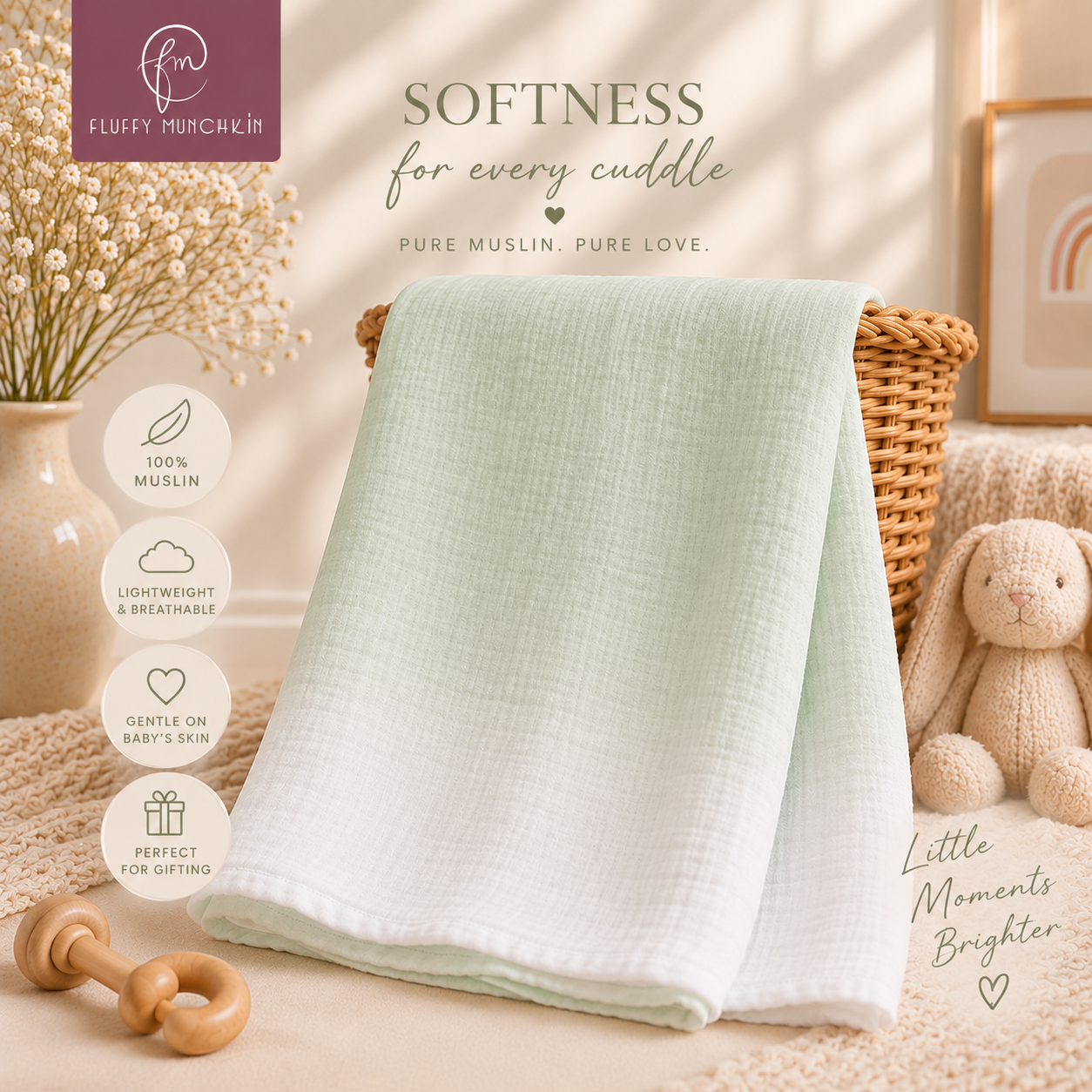 Minty Cloud Ombre Muslin Swaddle 110cm