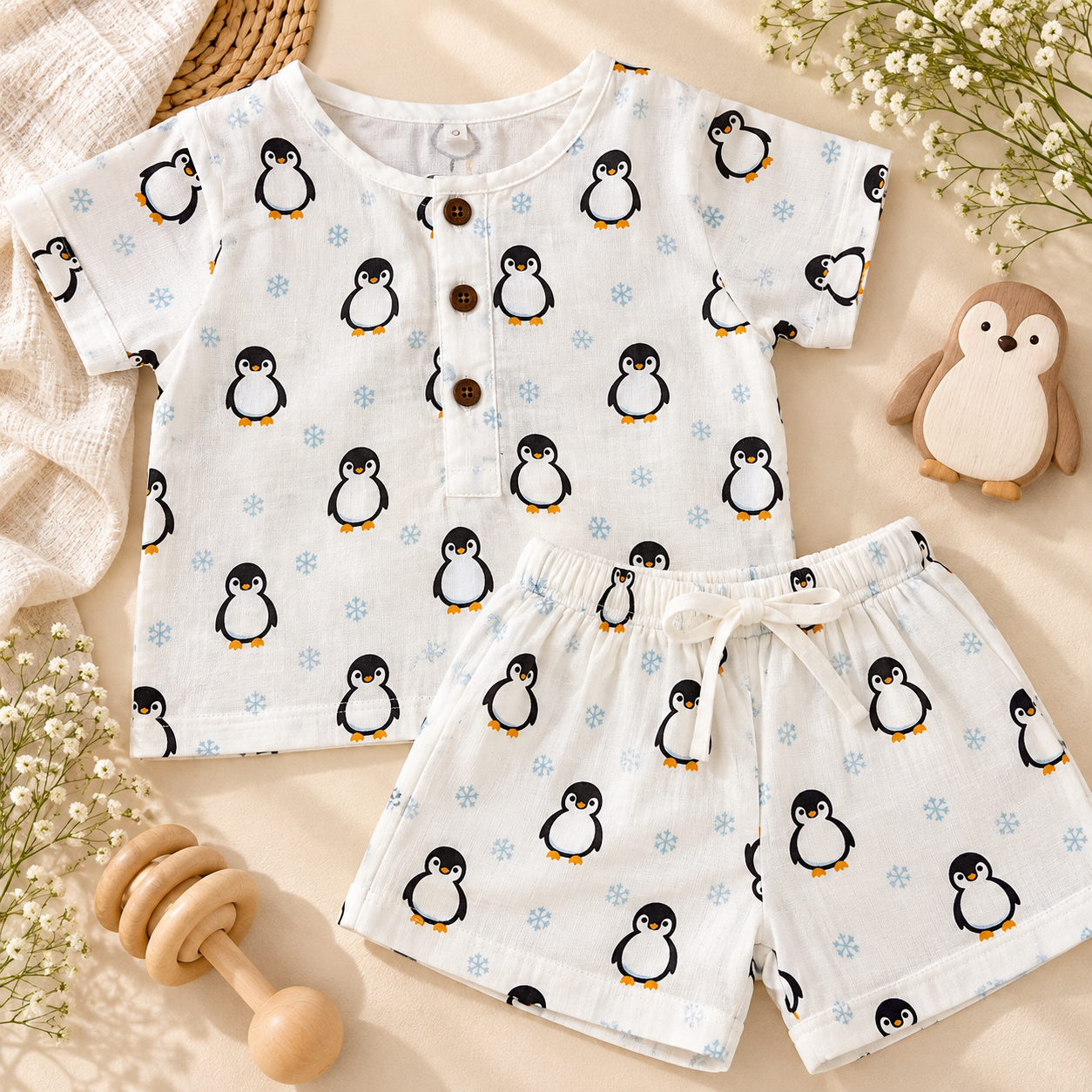 Penguin Pals Double-Layer Muslin Co-ord Set