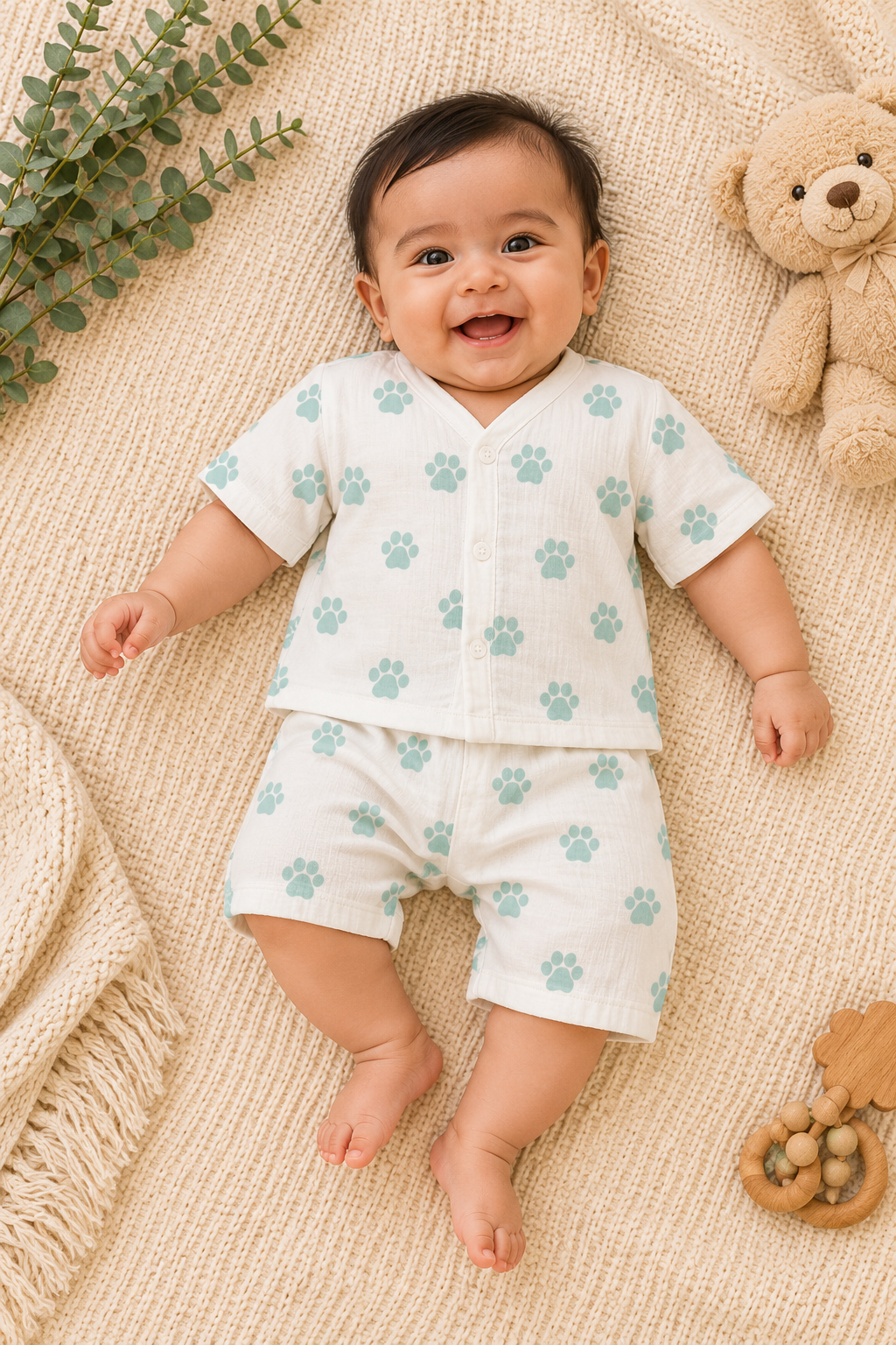 Mint Paw Print Muslin Half-Sleeve Shirt & Shorts Set