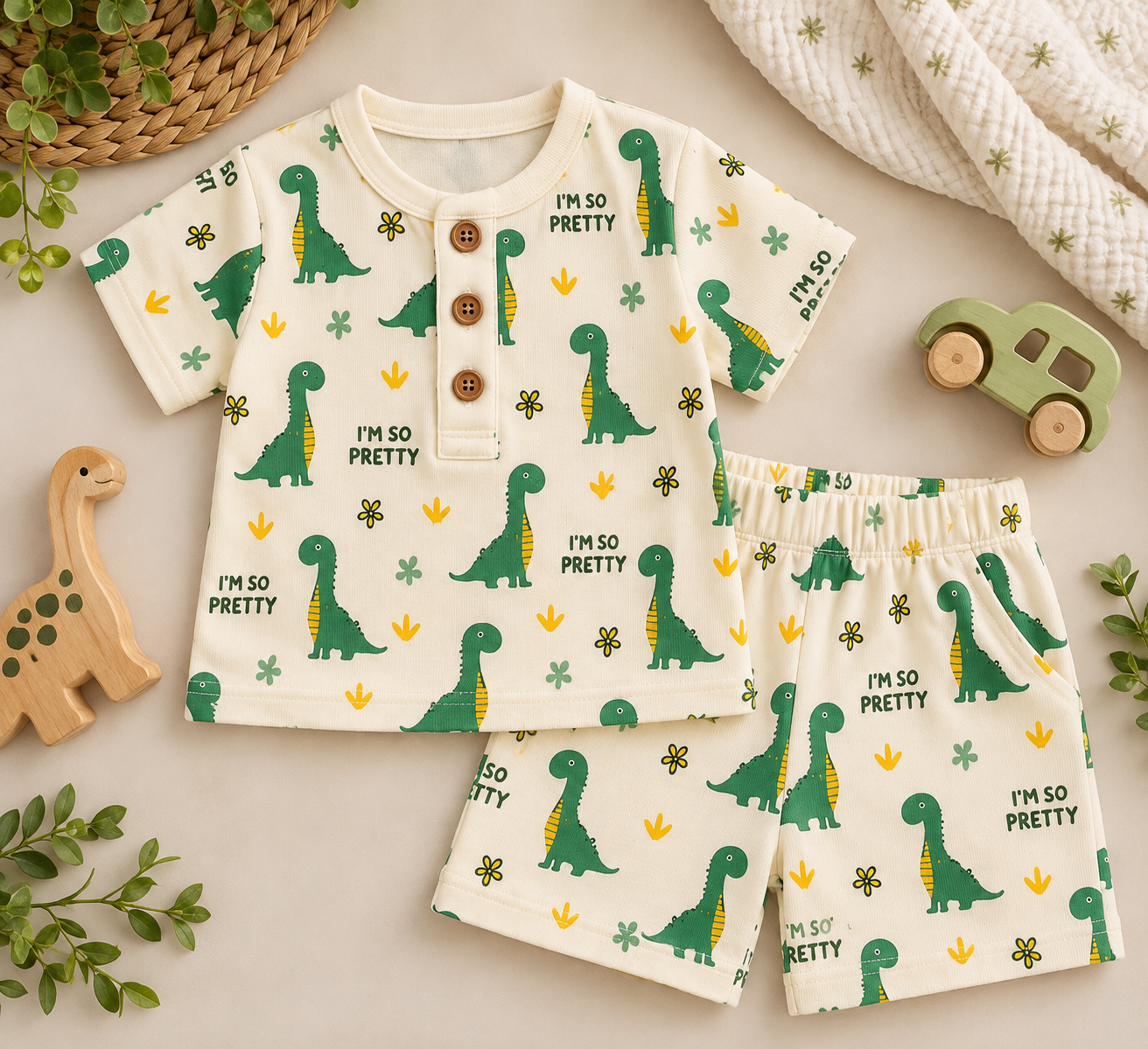 Little Dino Dreams – Unisex Muslin Co-ord Set