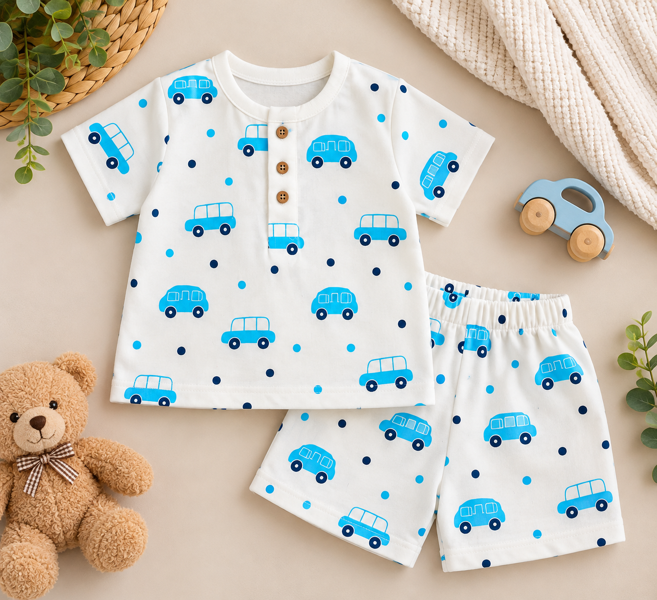 Little Blue Wheels – Unisex Muslin Co-ord Set