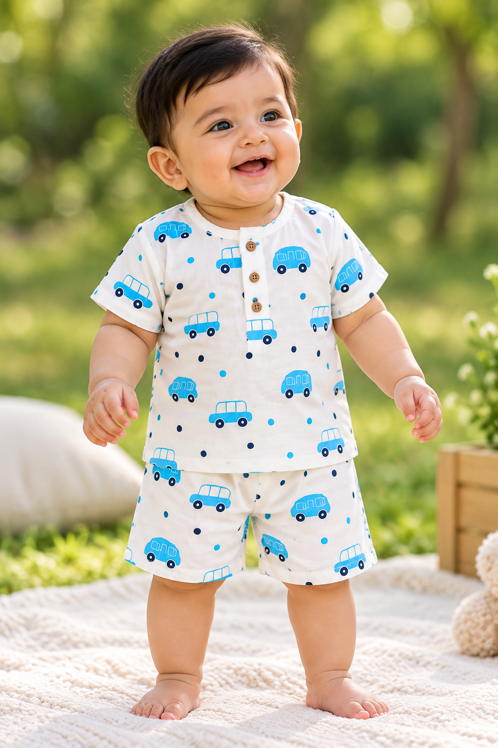 Little Blue Wheels – Unisex Muslin Co-ord Set