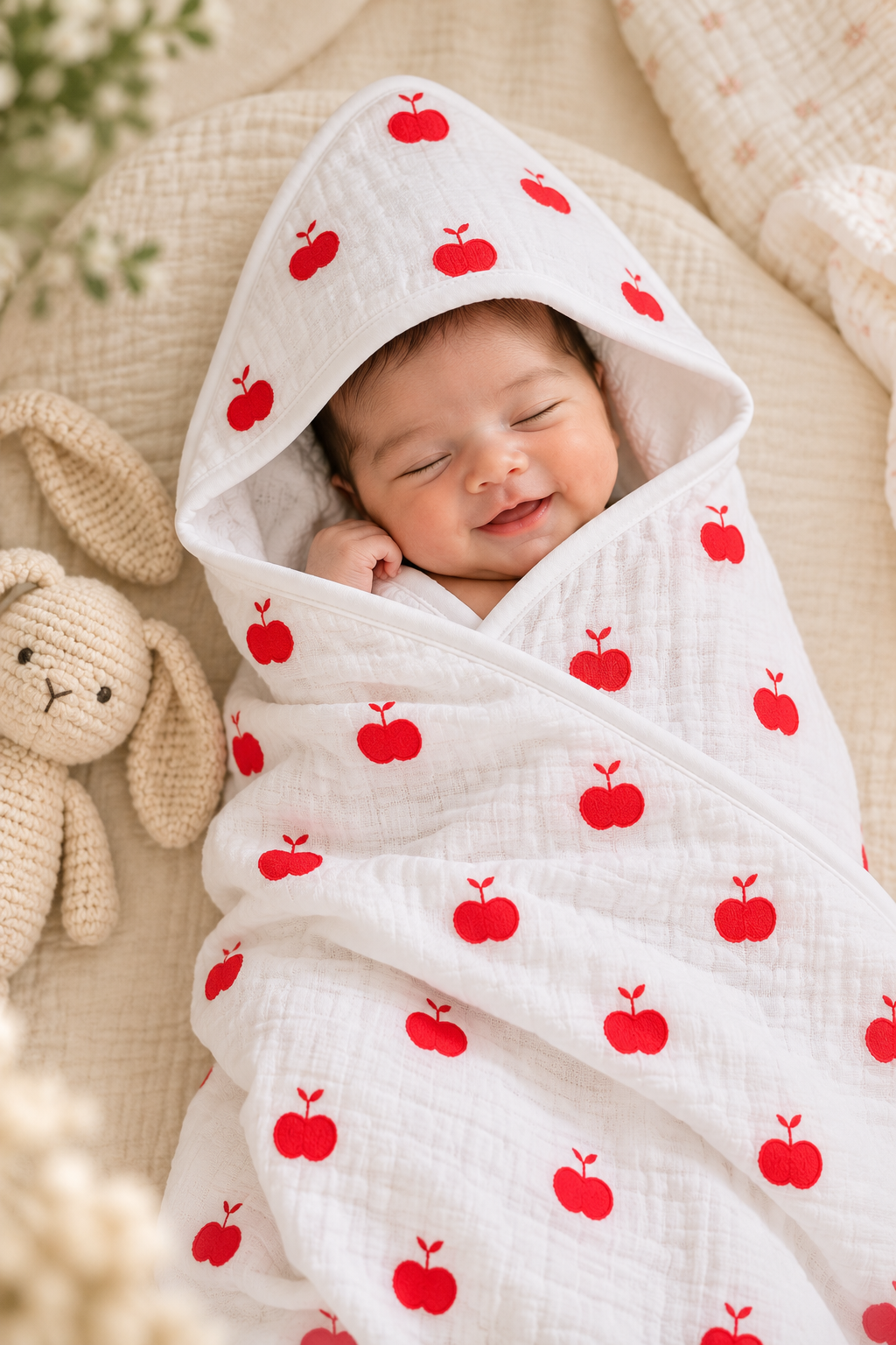 Apple Bliss Muslin Hooded Receiving Blanket