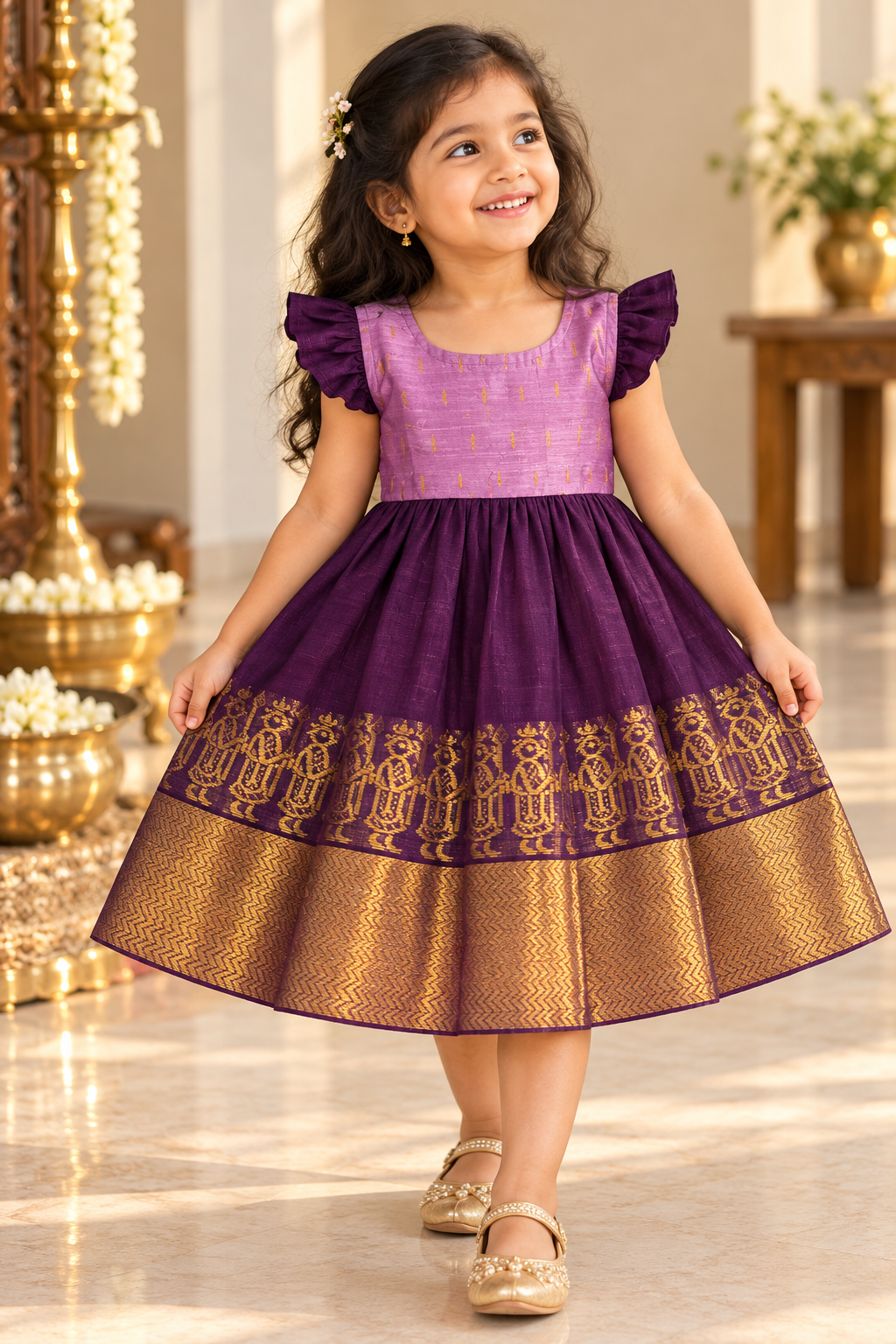 Chettinad Silk Cotton Girls Frock – Lavender & Royal Purple Gold Border