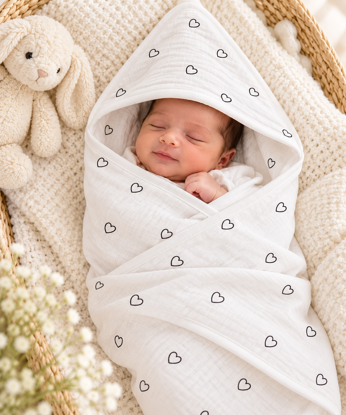 Little Hearts Muslin Receiving Blanket – 80 × 80 cm