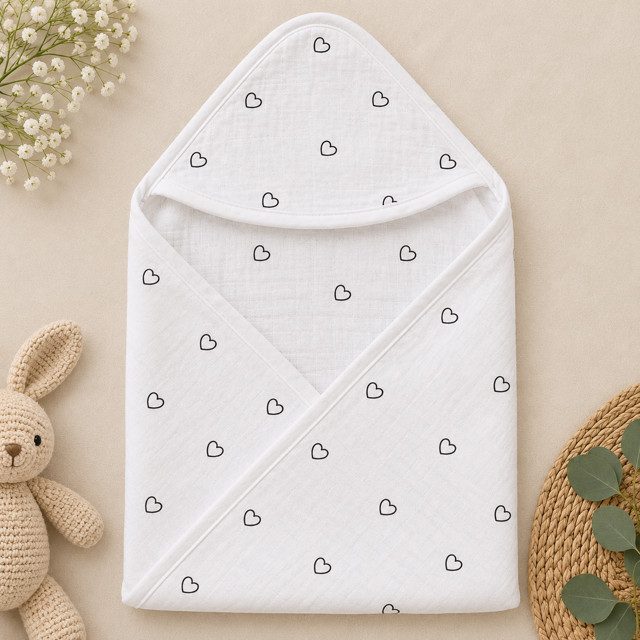 Little Hearts Muslin Receiving Blanket – 80 × 80 cm