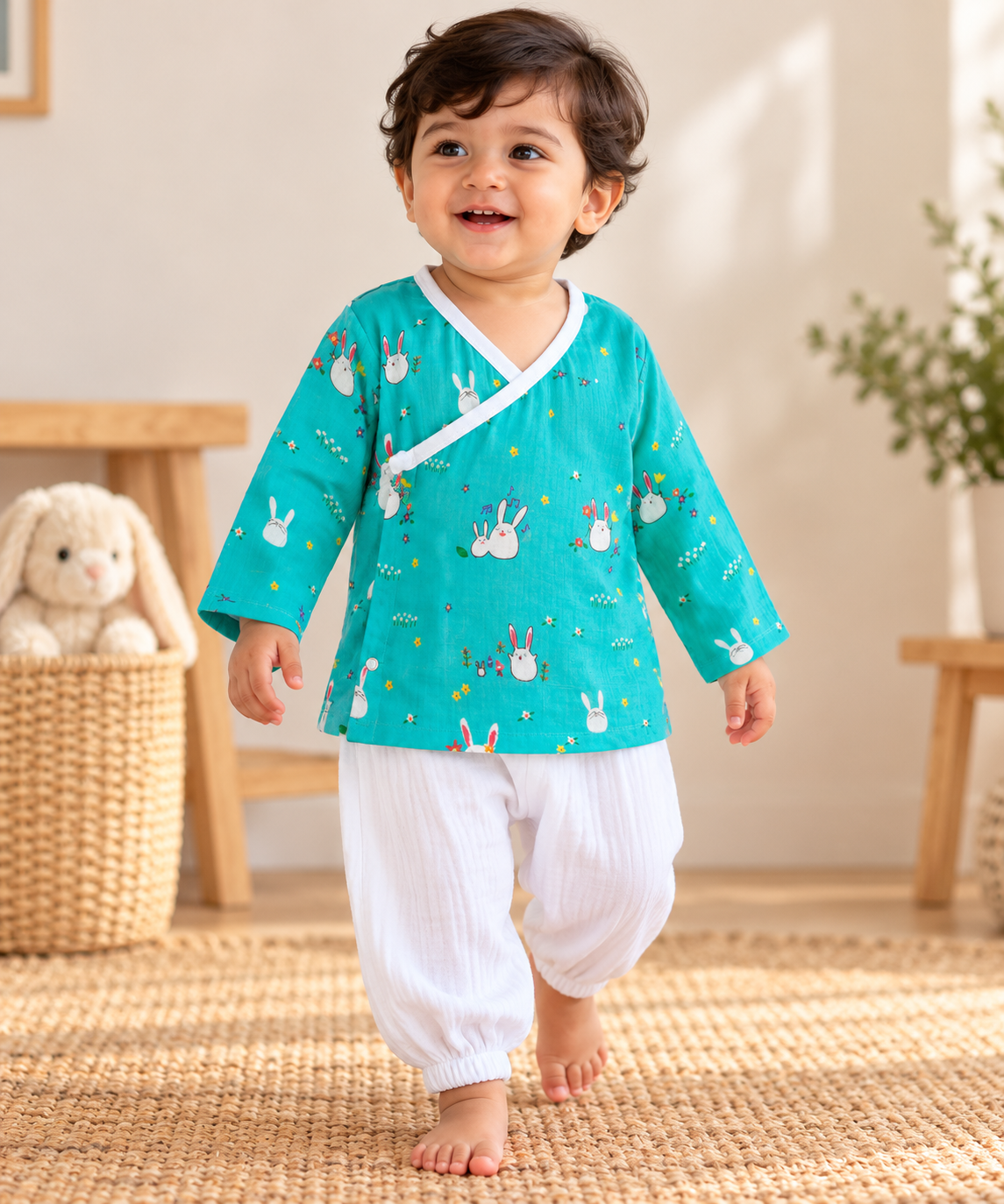 Little Bunny Angrakha Muslin Co-ord Set – Turquoise & White