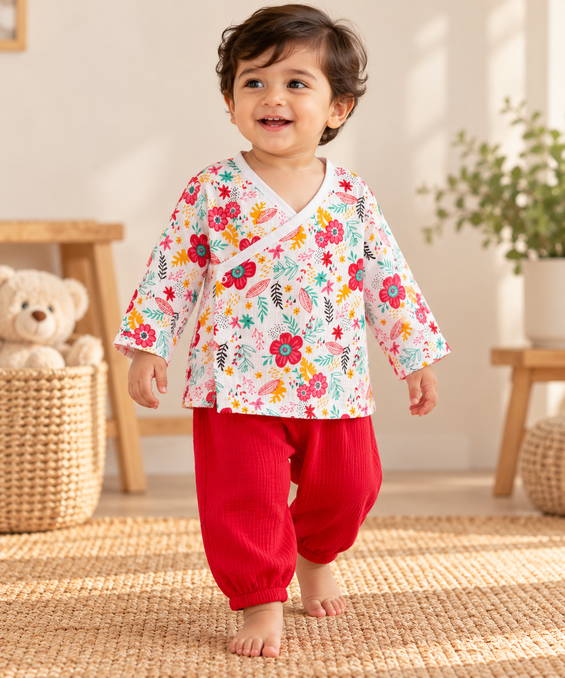 Floral Fiesta Angrakha Muslin Co-ord Set – White & Red