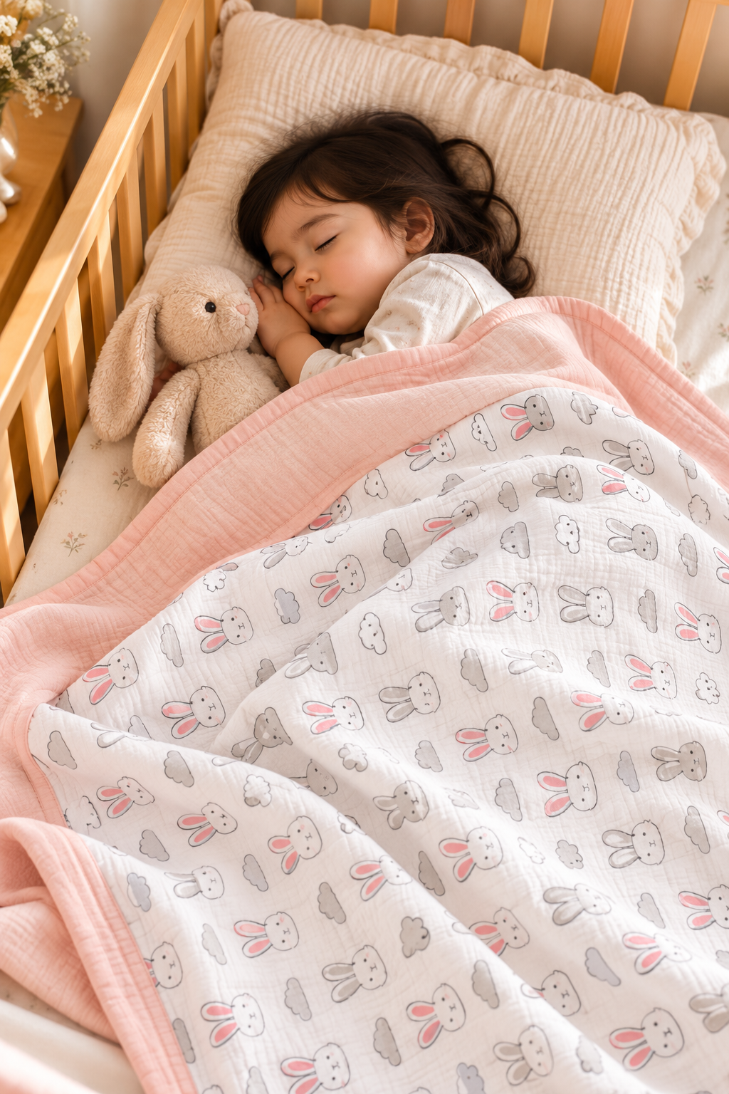 Blush Bunny 6-Layer Muslin Blanket – 120 cm